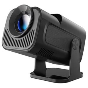 Close-up of Alwtniet HY320 Pro portable projector showing 180° adjustable stand