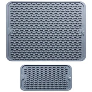 Grey Silicone Dish Drying Mat with raised ridges for faster drying on kitchen counter