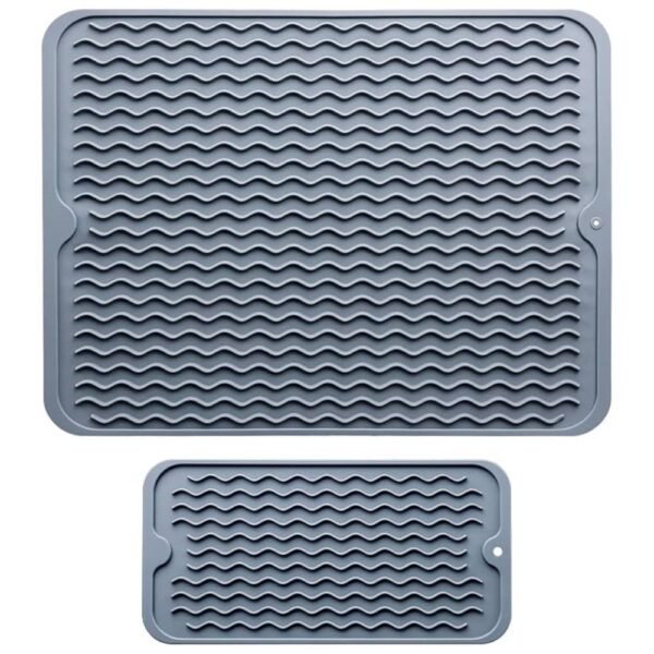 Grey Silicone Dish Drying Mat with raised ridges for faster drying on kitchen counter