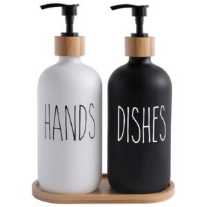 Glass Soap Dispenser Set with bamboo pumps, labeled for hand soap and dish soap