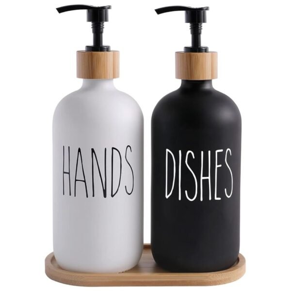 Glass Soap Dispenser Set with bamboo pumps, labeled for hand soap and dish soap