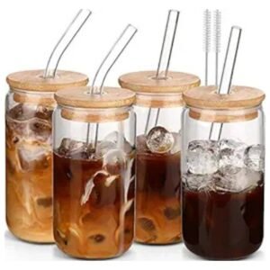 Set of 4 Glass Cups with Lids and Straws, 16oz for coffee and beverages