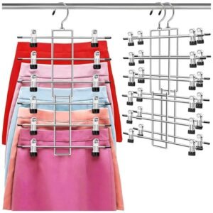 Durable metal pants hangers with 6 tiers and non-slip rubber clips