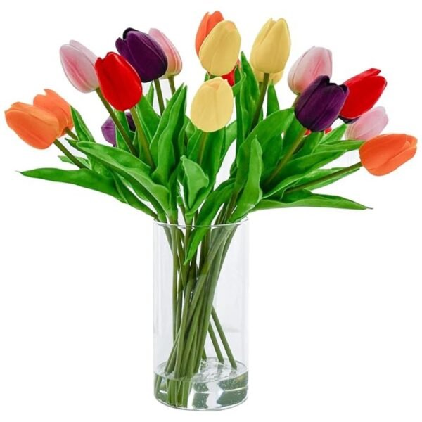 Realistic multicolor artificial tulips in a glass vase for home decor.