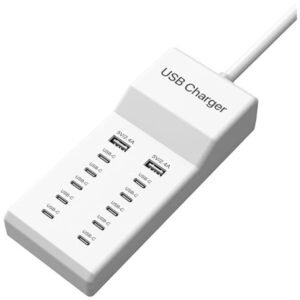 12-Port USB Charging Station with 10 USB-C and 2 USB-A ports for simultaneous device charging