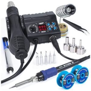 882D Soldering Iron Station 2-IN-1 with hot air rework station, soldering iron, LED displays, temperature controls, and accessories