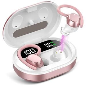 Wireless earbud charging case with dual LED display showing battery status and charging indicators