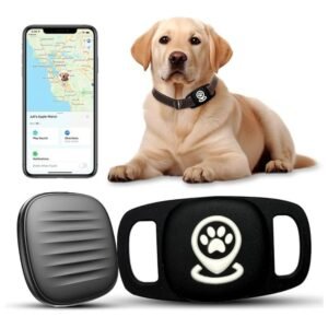 Close-up of the compact Smart Pet Tracker with Collar Holder, designed for easy attachment to collars.