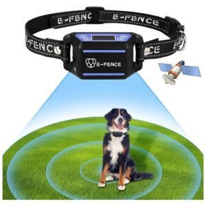 Close-up of the Wireless Dog Collar Fence System showing health monitoring features like heart rate and step count.