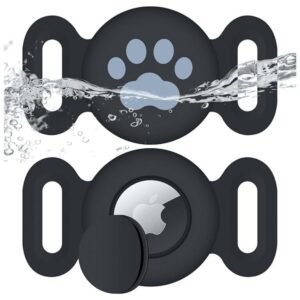 Waterproof AirTag dog collar holder in black silicone, designed to securely hold Apple AirTag on pet collars