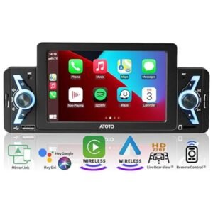 F7WE 5-inch Single Din Car Stereo with a sleek touchscreen display, featuring buttons for easy navigation and control.