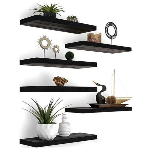 Set of 6 rustic wood floating shelves mounted on a wall, showcasing a stylish and organized home space