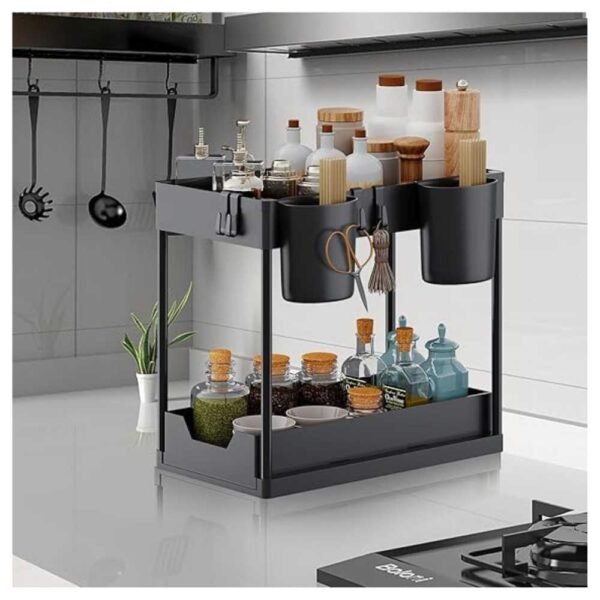 A 2-tier under sink organizer with sliding drawers, hooks, and hanging cups, perfect for kitchen and bathroom storage