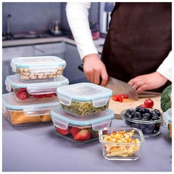 Glass food storage containers with lids, perfect for meal prep and organized kitchen storage