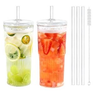 2-pack 20oz glass cups with lids and straws, including 3 glass straws and 1 straw brush