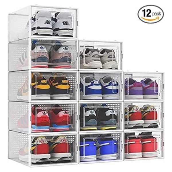 12-Pack Stackable Shoe Organizer Storage Bins, Clear Plastic, Space-Saving