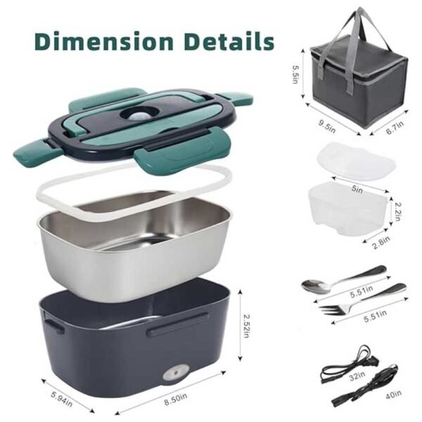 Electric lunch box dimensions: 9.5 x 6.5 x 4.5 inches with 1.5L stainless steel container