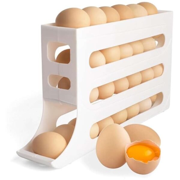 4-Tier Egg Holder for Fridge - Automatic Rolling Egg Dispenser with Safety Rails and Large Capacity Storage