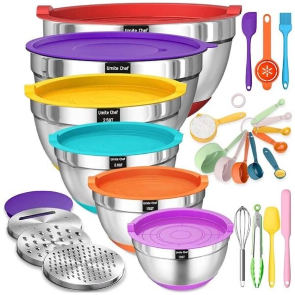 Stainless steel mixing bowls with airtight lids and grater attachments.