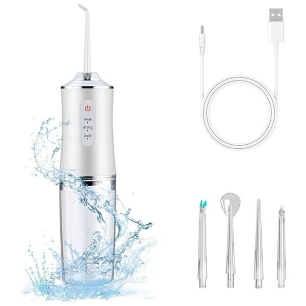 4 interchangeable 360° rotatable jet tips for the electric water flosser, including standard, tongue cleaner, orthodontic, and periodontal tips.