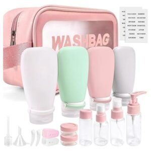 18-piece travel bottles set for toiletries, including silicone bottles, lotion, spray bottles, jars, and accessories