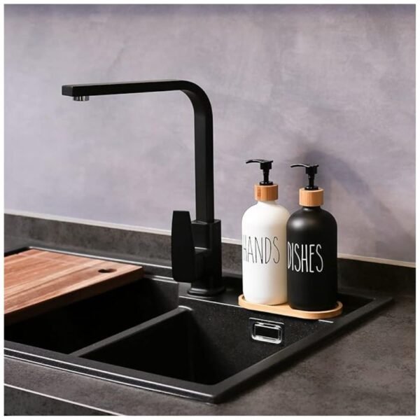 Elegant Glass Soap Dispenser Set with matching bamboo tray, perfect for kitchen decor