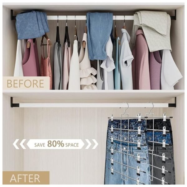 Space-saving pants hangers holding multiple garments in an organized closet.