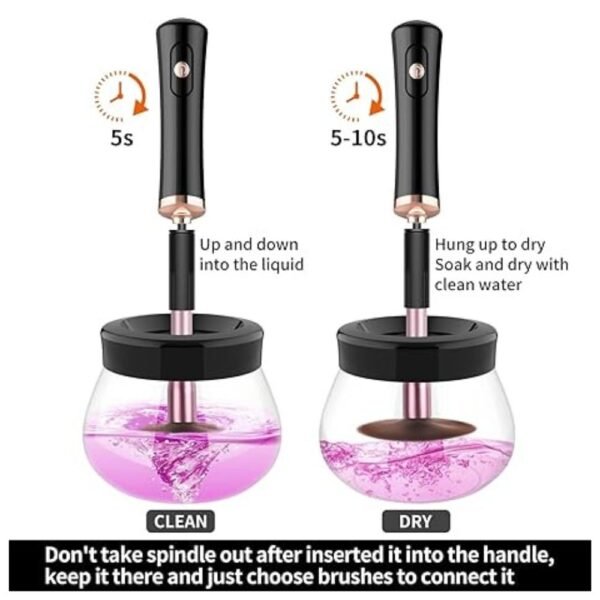 Spinning makeup brush cleaner machine cleaning and drying a brush