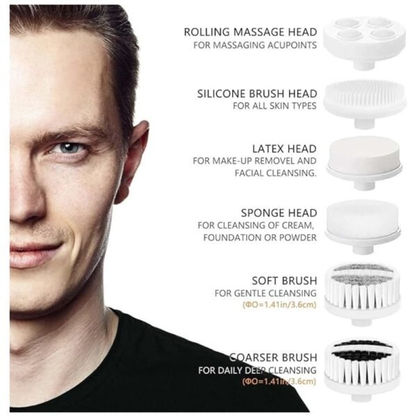 Facial cleansing brush with silicone, sponge, and rolling massage heads