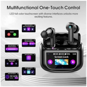 Smart touch screen charging case for easy control of wireless earbuds.