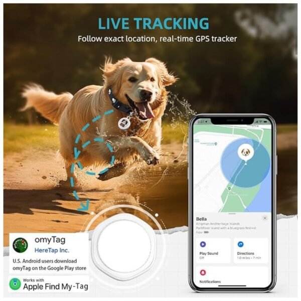 Pet tracker with built-in speaker and GPS functionality for Android and iOS devices