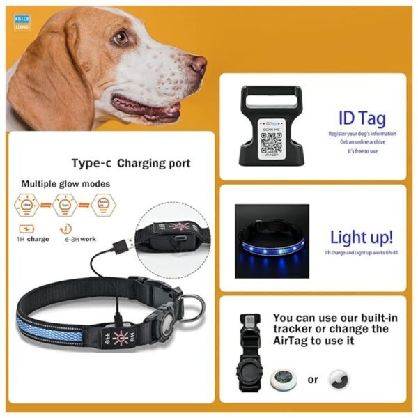 Type-C charging port, built-in ID tag, and light-up LED collar.