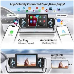 F7WE car stereo displaying Wireless CarPlay interface with app icons for navigation, music, and calls, connected to an iPhone.