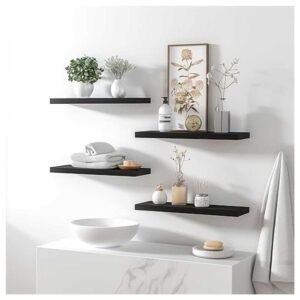 Set of 6 rustic wood floating shelves mounted on a wall, showcasing a stylish and organized home space