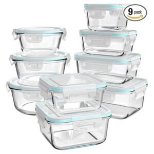 "18-piece glass food storage containers with BPA-free airtight lids, including 9 containers and 9 matching lids in various sizes