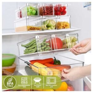 10-Pack BPA-Free Stackable Fridge Organizer Bins, Clear, Curved Handle