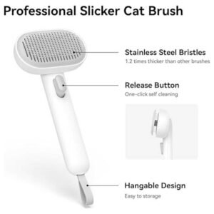 Professional slicker cat brush with stainless steel bristles, release button, and hangable design