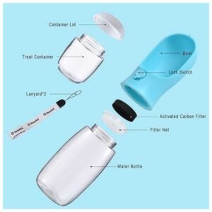 Portable Dog Water Bottle with Food Container, Leak-Proof Design, Carbon Filter, and Easy One-Handed Operation