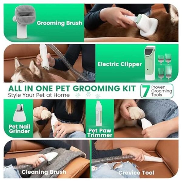 Complete 7-in-1 Dog Grooming Kit with clippers, nail grinder, grooming combs, and vacuum for shedding and cleaning.