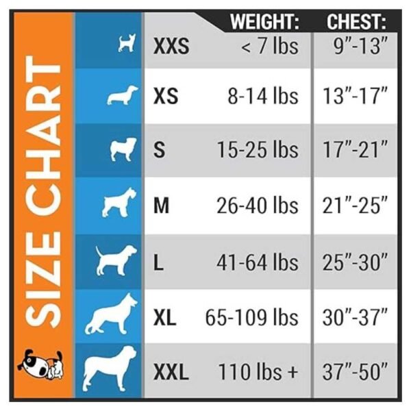 Size chart for Dog Anxiety Relief Calming Vest showing different sizes (XS, S, M, L, XL, XXL) with corresponding dog weight, chest, and neck measurements for the perfect fit