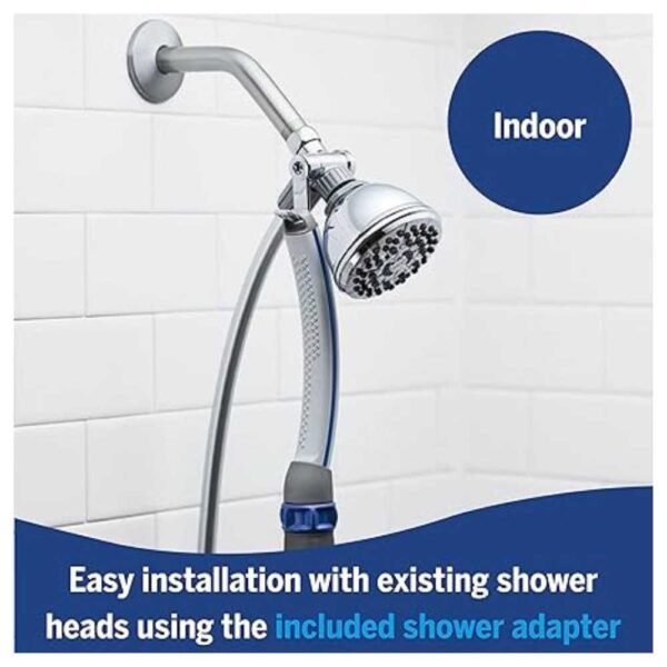 Dog Shower Attachment easily connects to a shower arm or garden hose for indoor and outdoor use