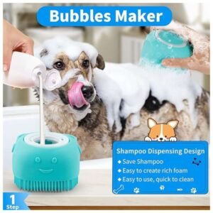 Ergonomic dog scrubber with built-in shampoo dispenser creating rich foam for effective pet cleaning