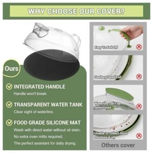 Microwave Splatter Cover with Integrated Handle, Transparent Water Tank, and Food-Grade Silicone Mat