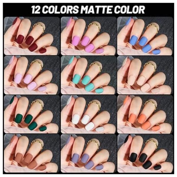 12 vibrant matte short press on nail colors in a variety of shades