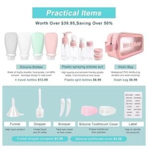 18-piece travel bottles set for toiletries, including silicone bottles, lotion, spray bottles, jars, and accessories