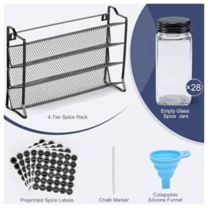 4-tier spice rack with labeled glass jars featuring black lids and dual-purpose sifter pour design, offering a neat and compact storage solution