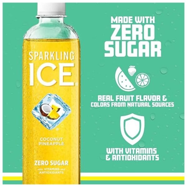 Close-up of Sparkling Water bottle with zero sugar label and vibrant design