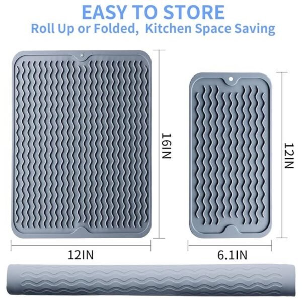 Foldable Silicone Dish Drying Mat with dimensions 16''x12'' and 12''x6'', easy to roll up and store in compact kitchen spaces.