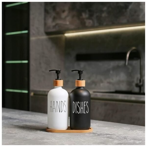 Close-up of Glass Soap Dispenser Set with 'Hands' and 'Dishes' labels for easy identification
