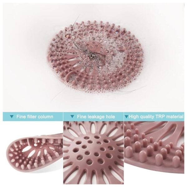 Hair catcher shower drain cover being easily placed on a bathtub drain for hair protection.